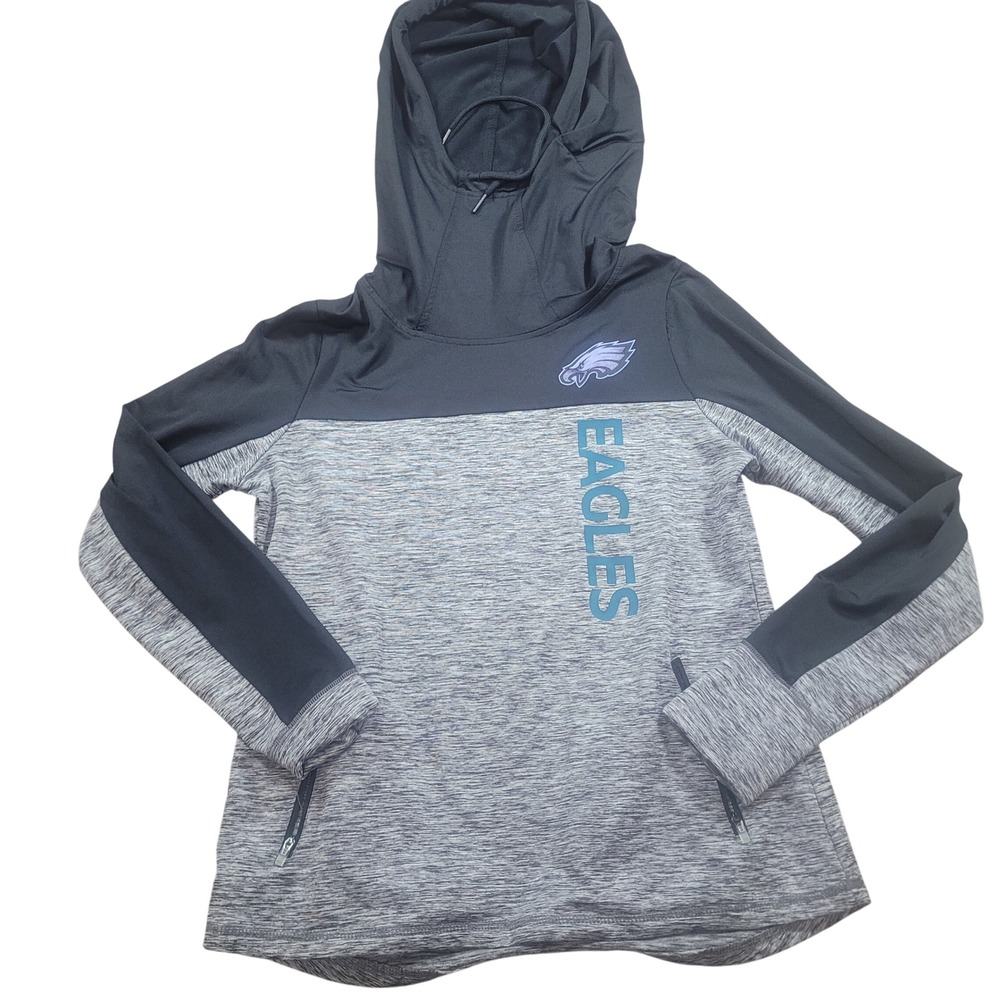 NFL Team Apparel Philadelphia Eagles Womens Medium Grey Black Hoodie Funnel Neck